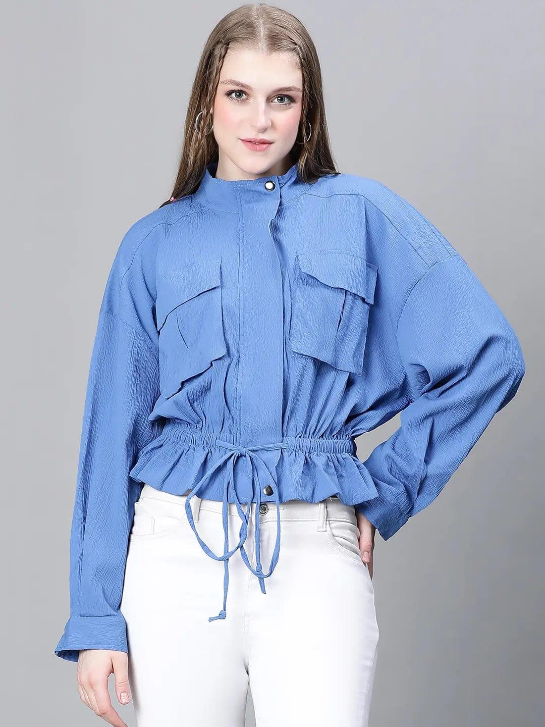 Women Blue High Neck Long Sleeve Elasticated Tie-Knotted Baggy Style Bomber Jacket