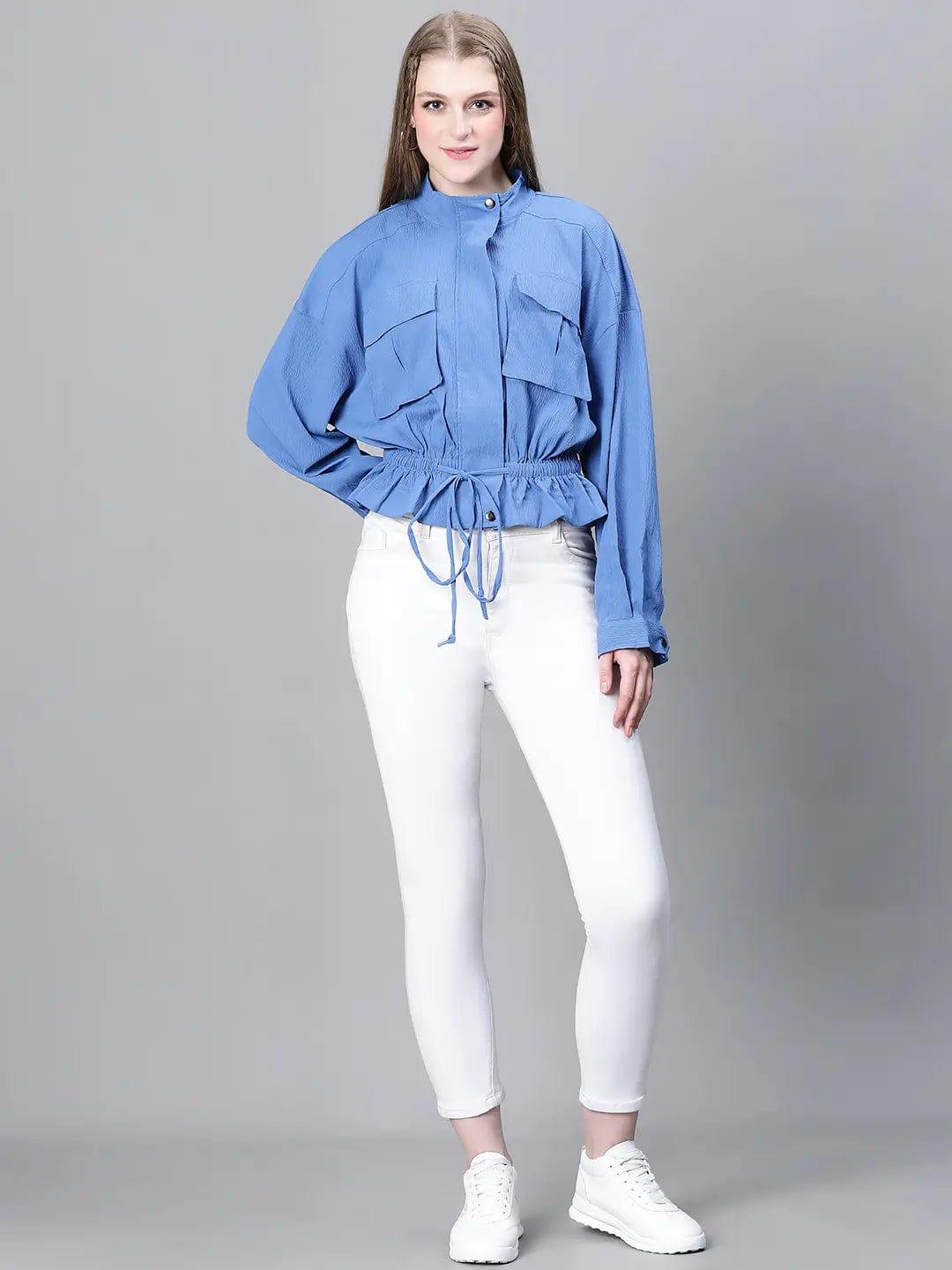 Women Blue High Neck Long Sleeve Elasticated Tie-Knotted Baggy Style Bomber Jacket