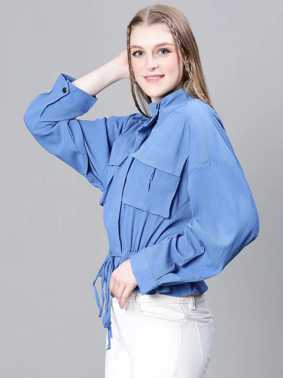 Women Blue High Neck Long Sleeve Elasticated Tie-Knotted Baggy Style Bomber Jacket