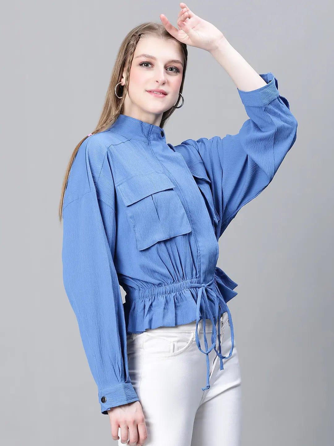 Women Blue High Neck Long Sleeve Elasticated Tie-Knotted Baggy Style Bomber Jacket