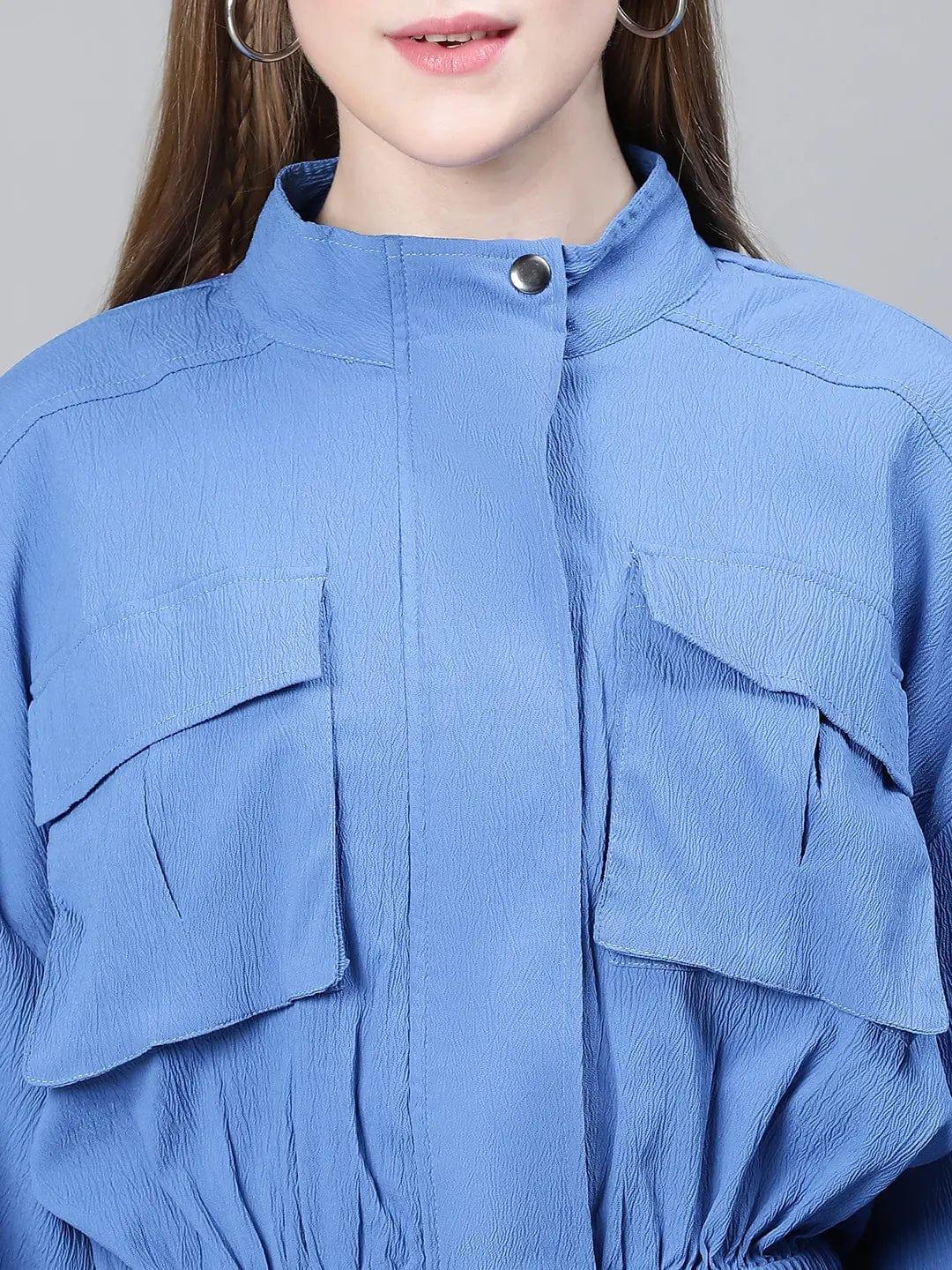 Women Blue High Neck Long Sleeve Elasticated Tie-Knotted Baggy Style Bomber Jacket