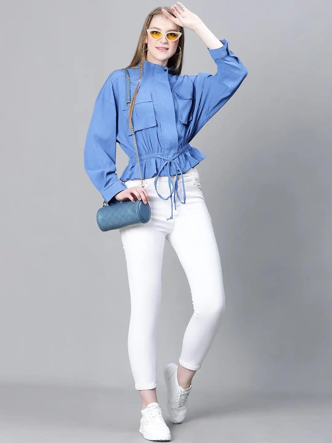 Women Blue High Neck Long Sleeve Elasticated Tie-Knotted Baggy Style Bomber Jacket