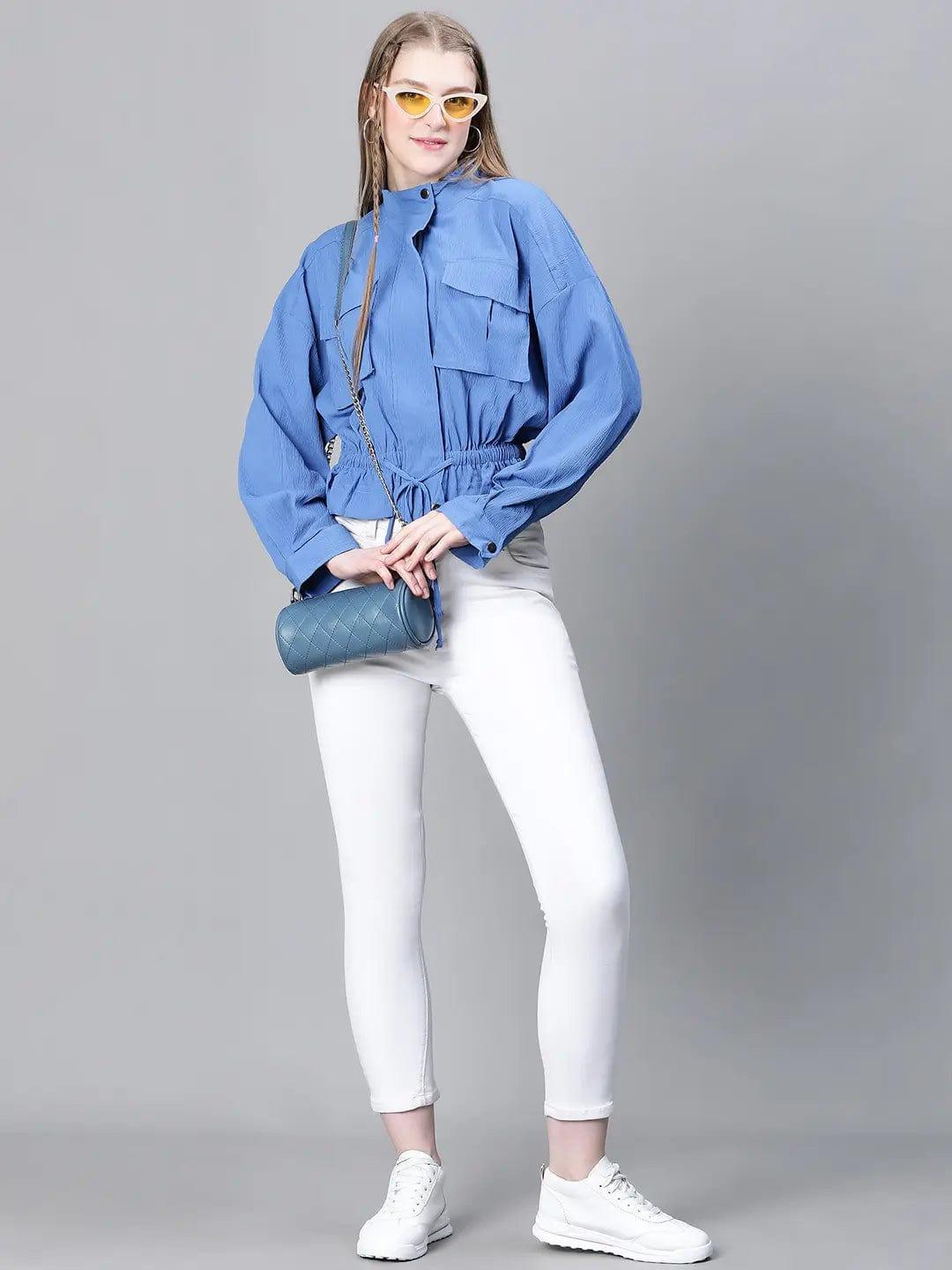 Women Blue High Neck Long Sleeve Elasticated Tie-Knotted Baggy Style Bomber Jacket