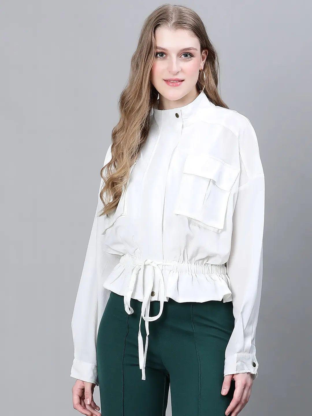 Women White High Neck Long Sleeve Elasticated Tie-Knotted Baggy Style Bomber Jacket