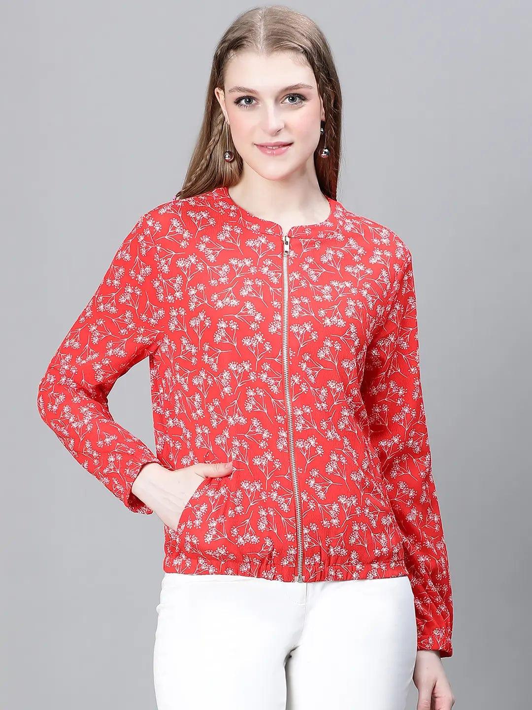 Women Red Floral Print Round Neck Zip Lined Long Sleeve Bomber Jacket