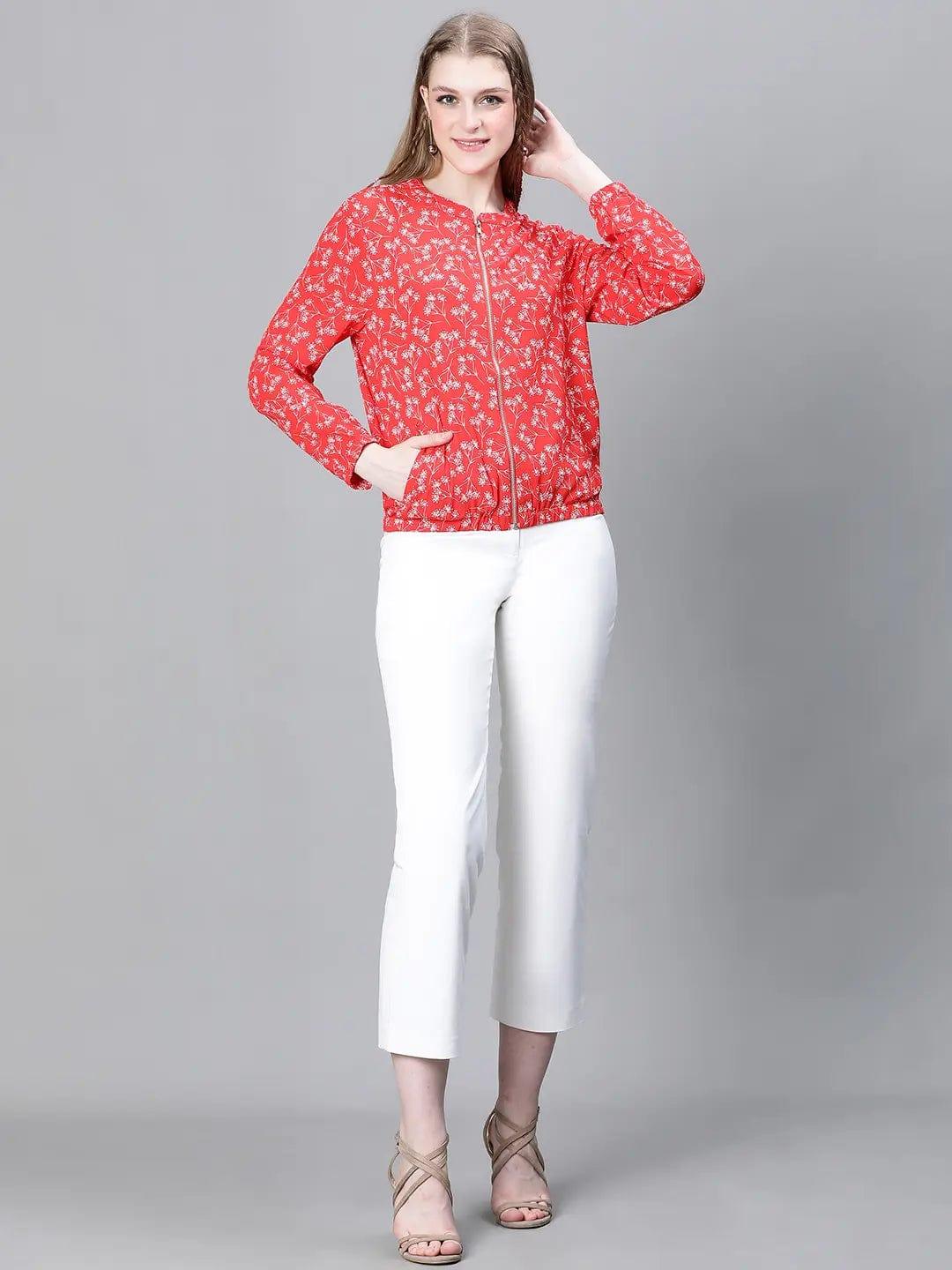 Women Red Floral Print Round Neck Zip Lined Long Sleeve Bomber Jacket