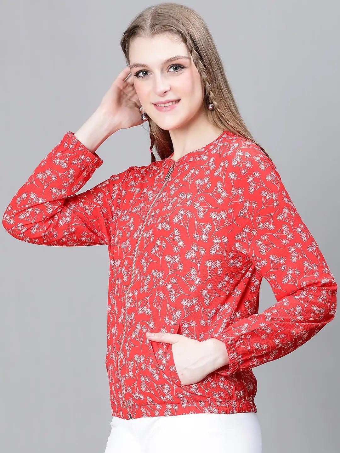 Women Red Floral Print Round Neck Zip Lined Long Sleeve Bomber Jacket