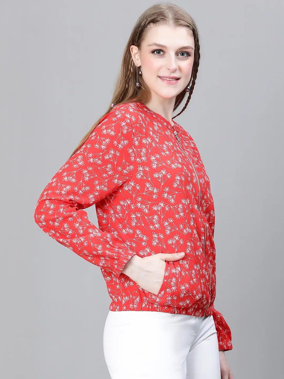 Women Red Floral Print Round Neck Zip Lined Long Sleeve Bomber Jacket