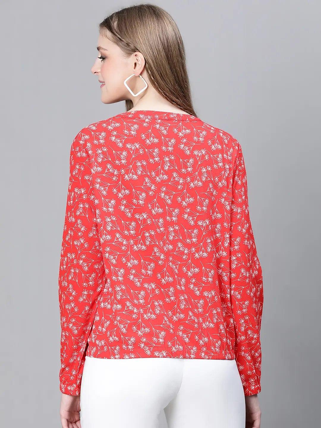 Women Red Floral Print Round Neck Zip Lined Long Sleeve Bomber Jacket