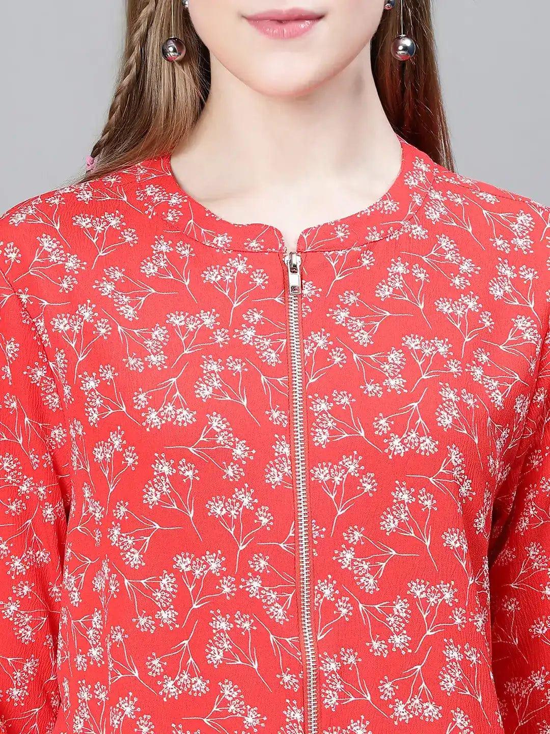 Women Red Floral Print Round Neck Zip Lined Long Sleeve Bomber Jacket