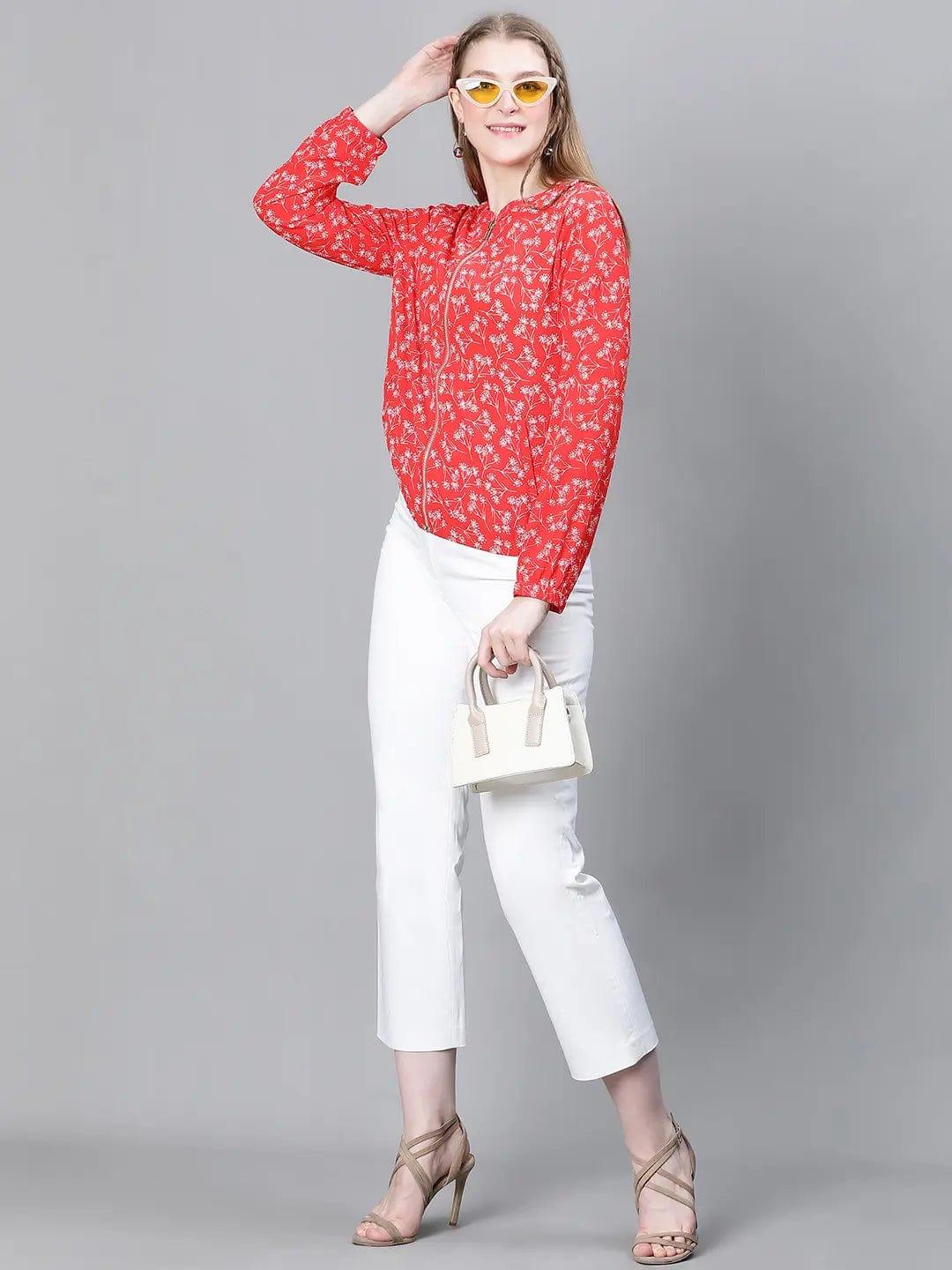 Women Red Floral Print Round Neck Zip Lined Long Sleeve Bomber Jacket