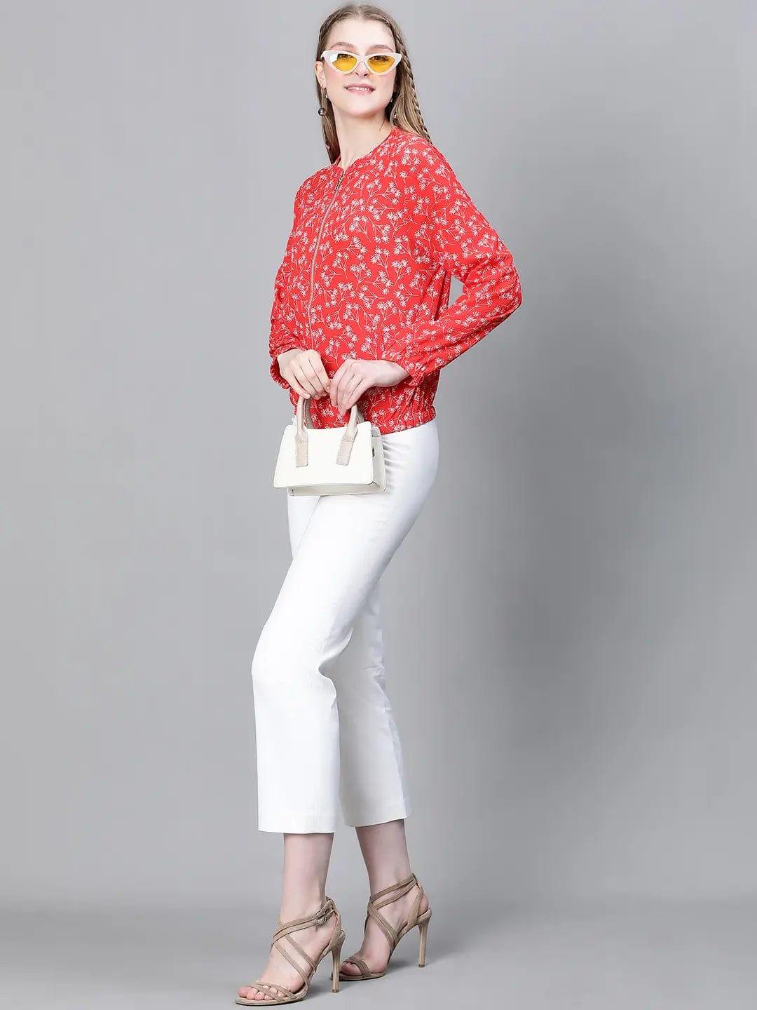 Women Red Floral Print Round Neck Zip Lined Long Sleeve Bomber Jacket