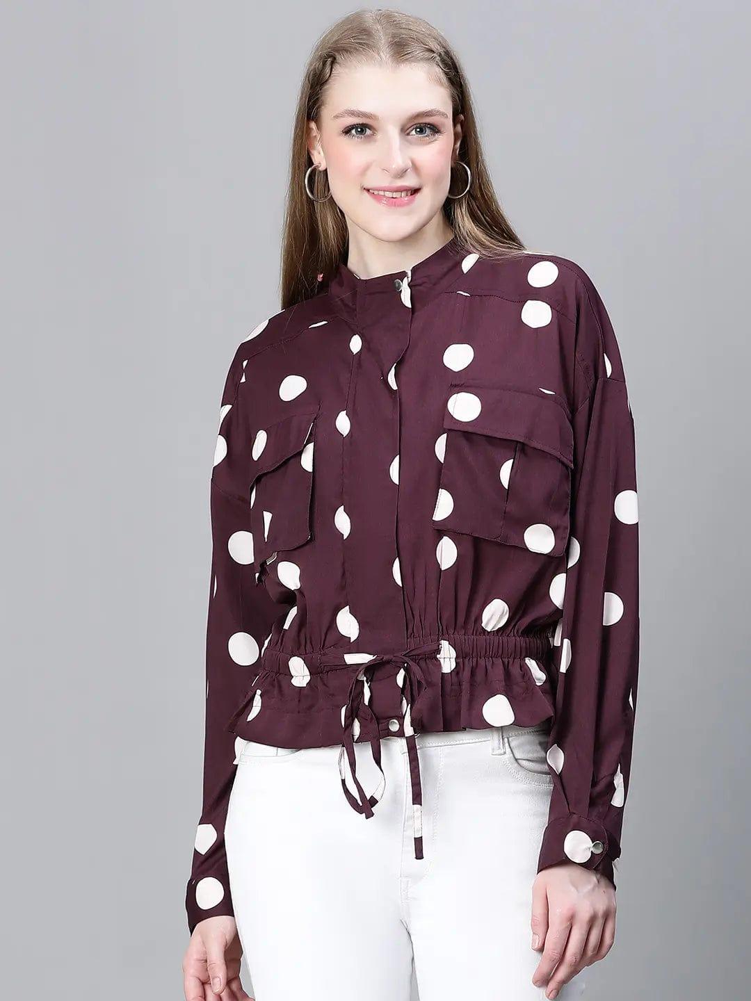 Women Purple Polka Print Collared Buttoned Elasticated Tie-Up Detailed Bomber Jacket