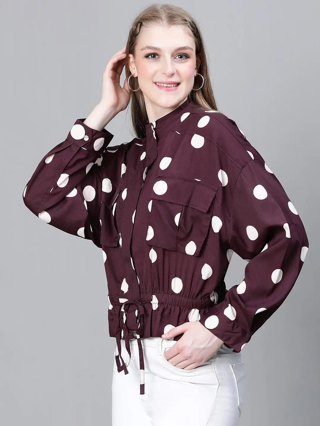 Women Purple Polka Print Collared Buttoned Elasticated Tie-Up Detailed Bomber Jacket