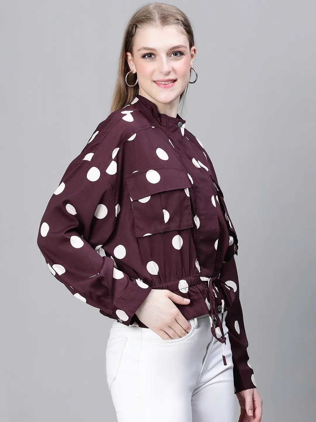 Women Purple Polka Print Collared Buttoned Elasticated Tie-Up Detailed Bomber Jacket