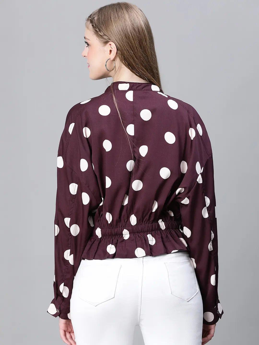 Women Purple Polka Print Collared Buttoned Elasticated Tie-Up Detailed Bomber Jacket