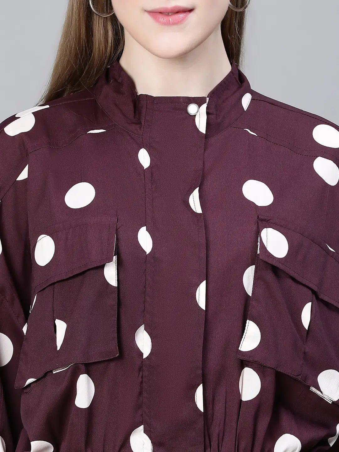 Women Purple Polka Print Collared Buttoned Elasticated Tie-Up Detailed Bomber Jacket