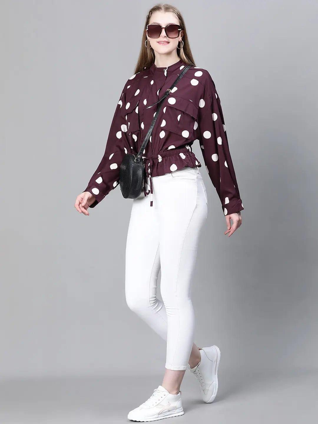 Women Purple Polka Print Collared Buttoned Elasticated Tie-Up Detailed Bomber Jacket