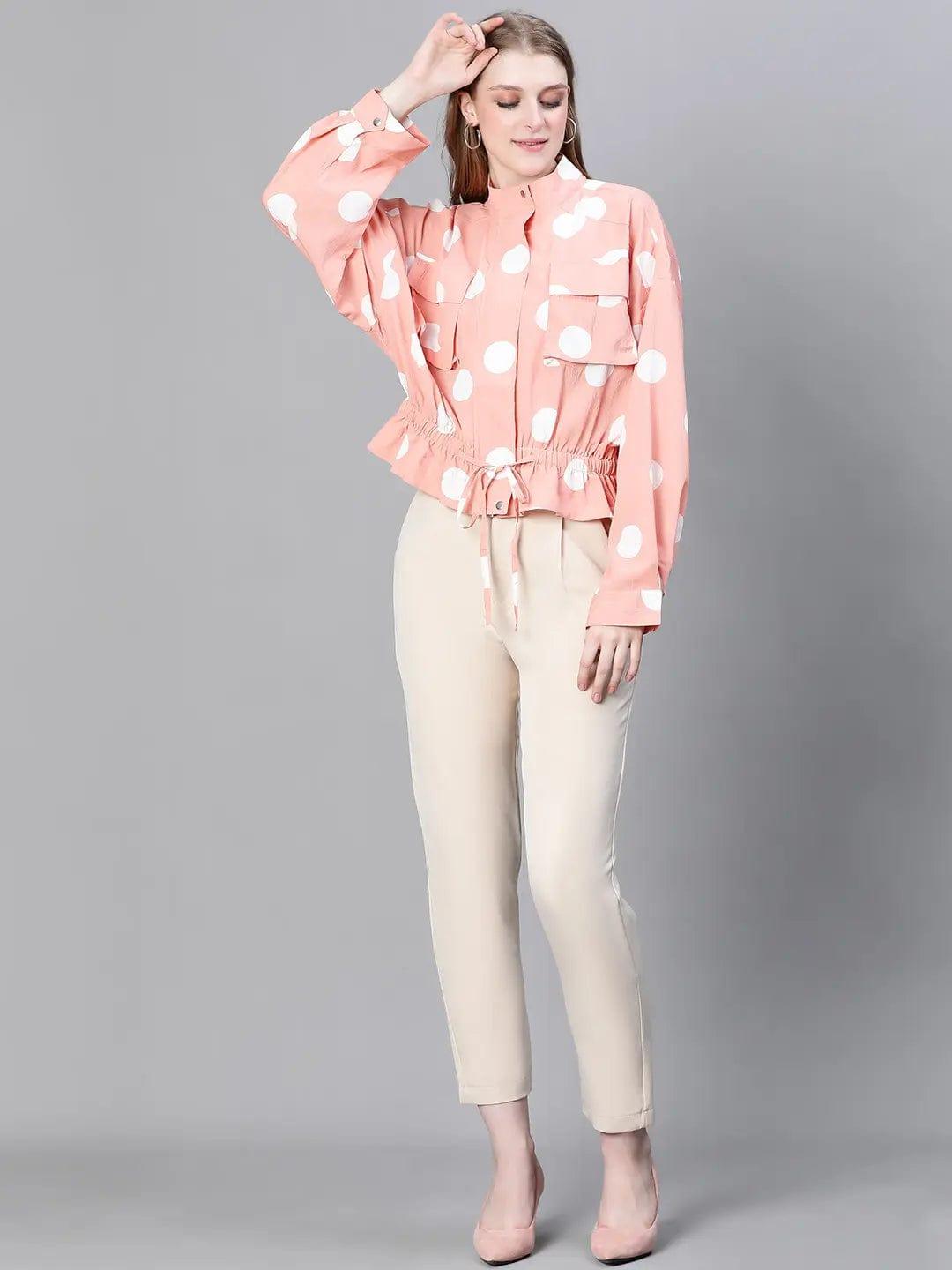 Women Peach Polka Print Collared Buttoned Elasticated Tie-Up Detailed Bomber Jacket