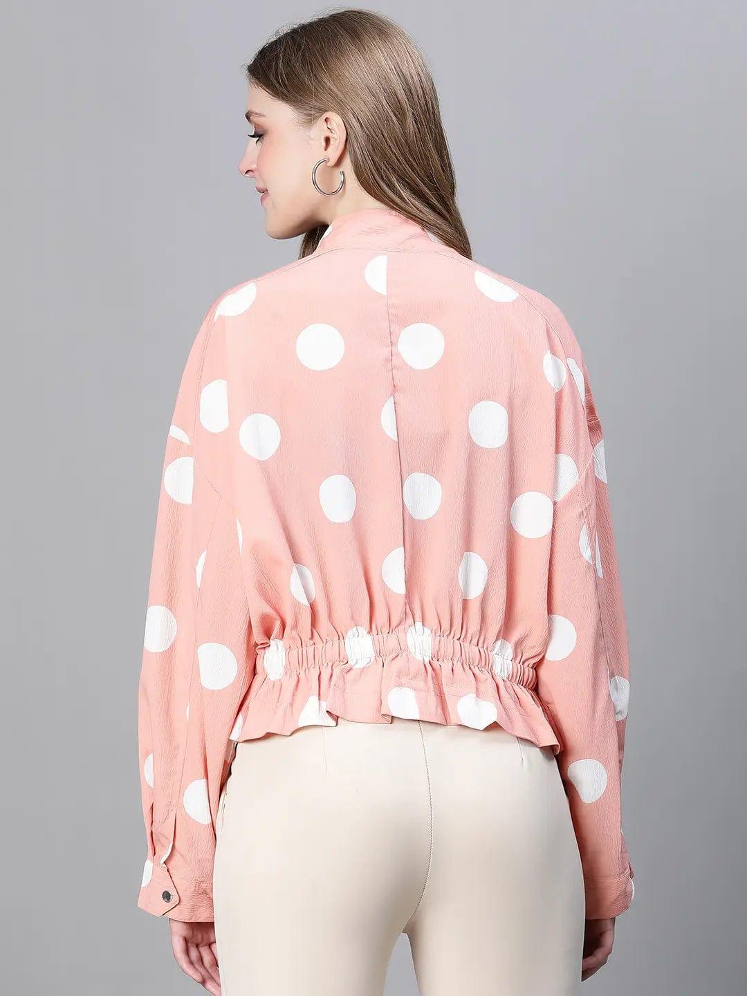 Women Peach Polka Print Collared Buttoned Elasticated Tie-Up Detailed Bomber Jacket