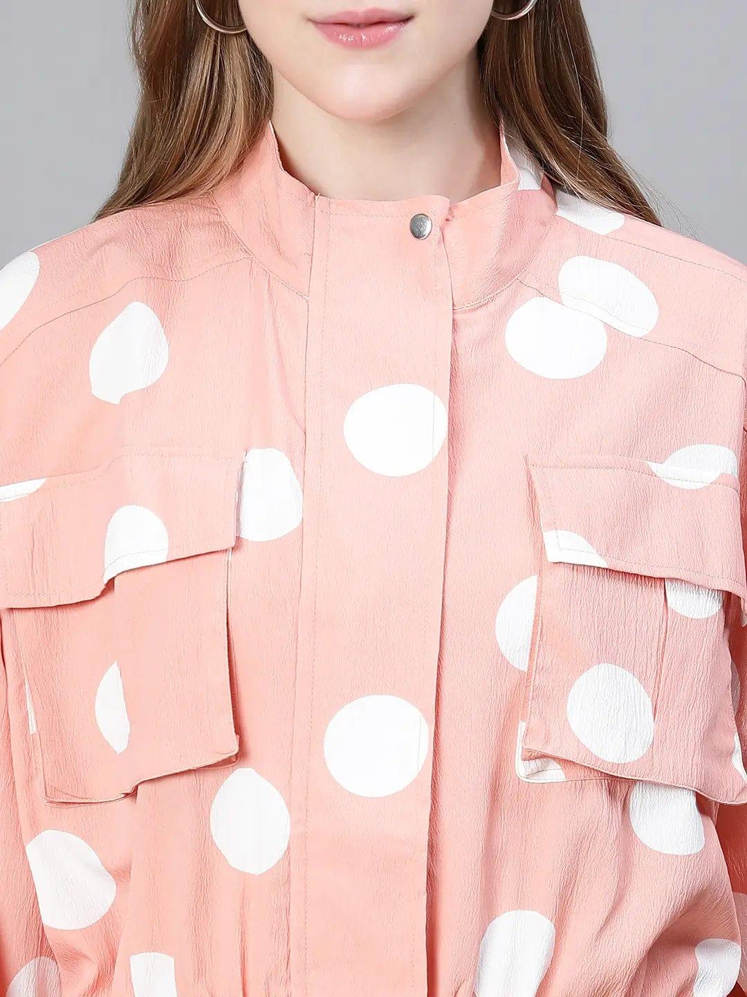 Women Peach Polka Print Collared Buttoned Elasticated Tie-Up Detailed Bomber Jacket