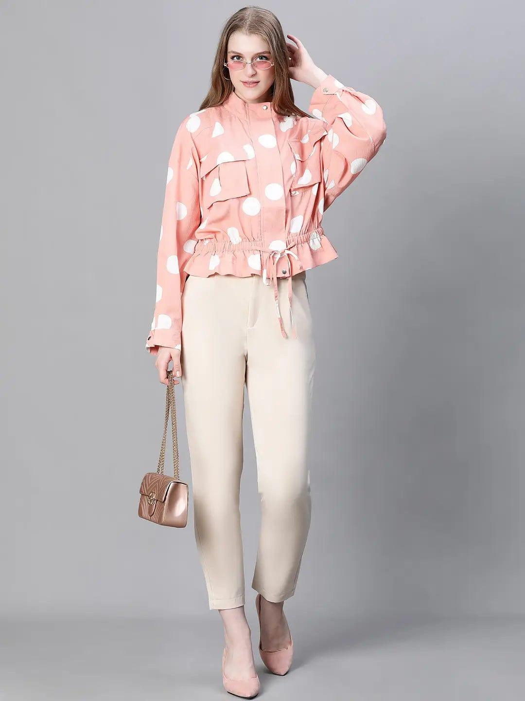 Women Peach Polka Print Collared Buttoned Elasticated Tie-Up Detailed Bomber Jacket