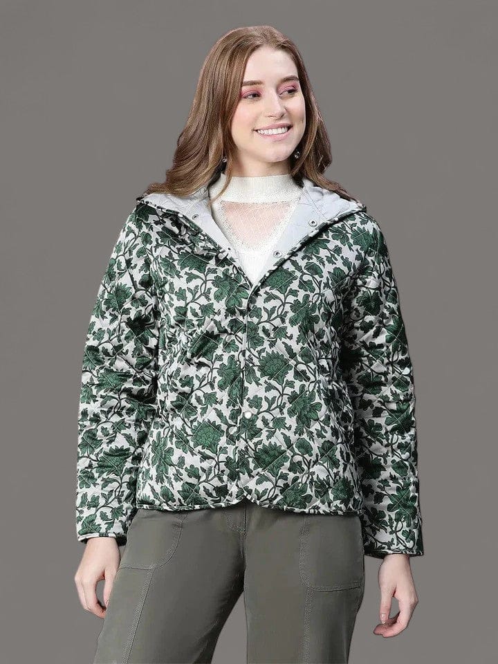 Jamboree Green Floral Print Women Winter Wear Jacket For Style