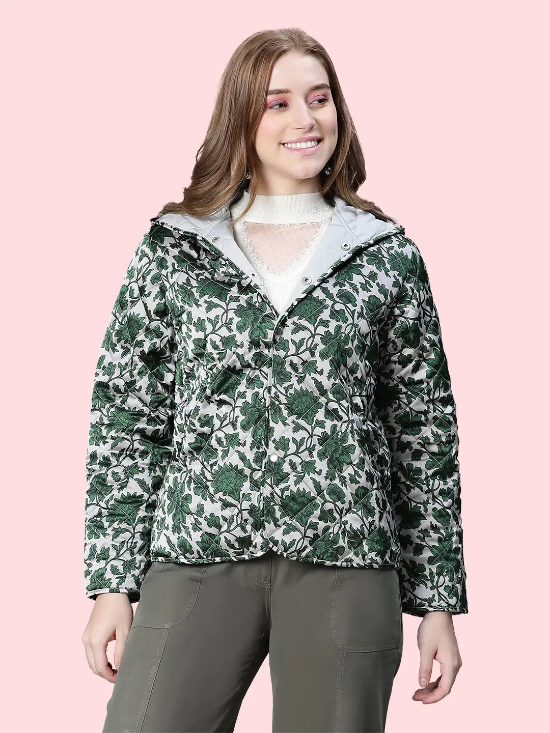 Jamboree Green Floral Print Women Hoodie Jacket For Style