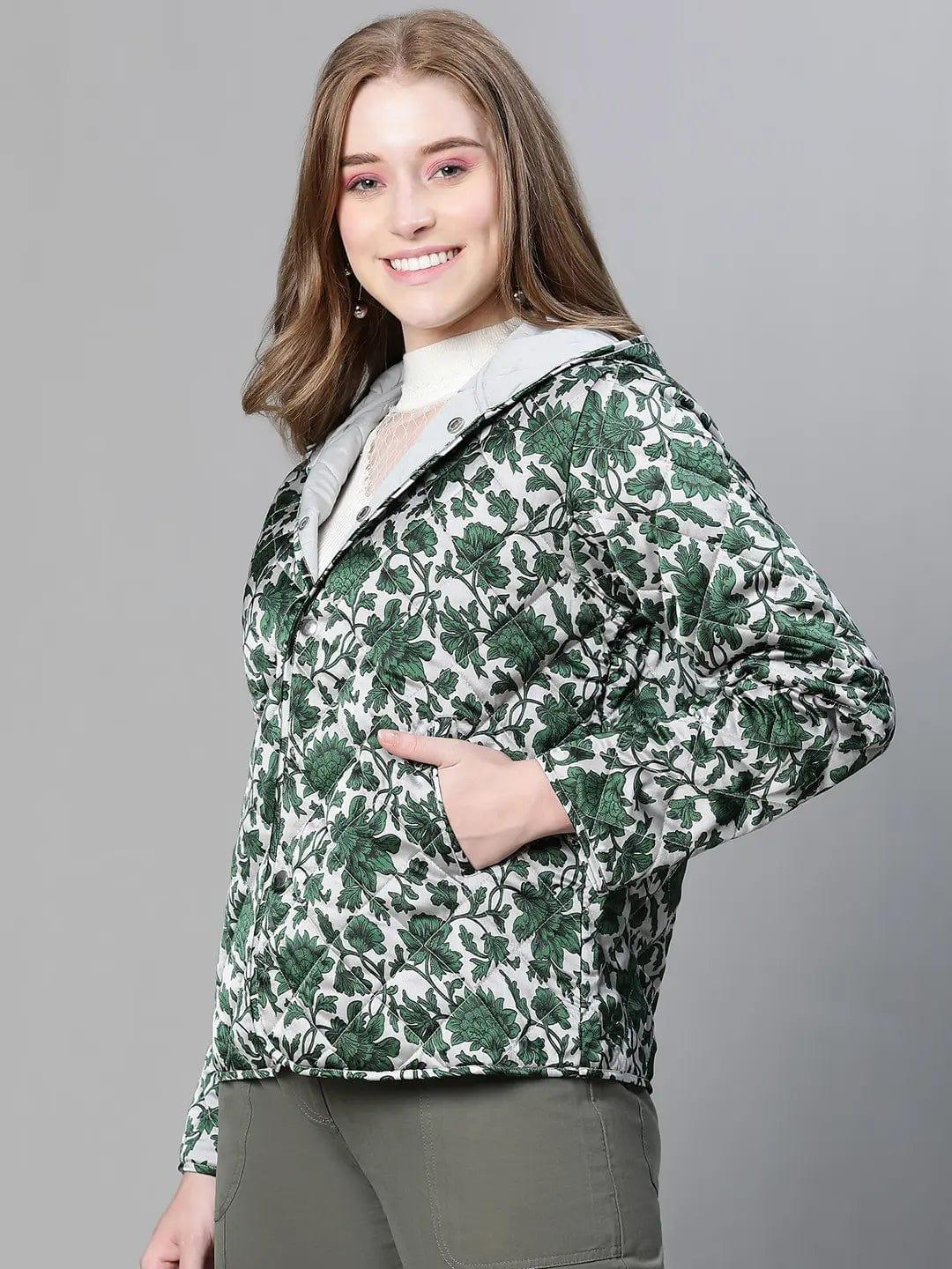 Jamboree Green Floral Print Women Winter Wear Jacket For Style