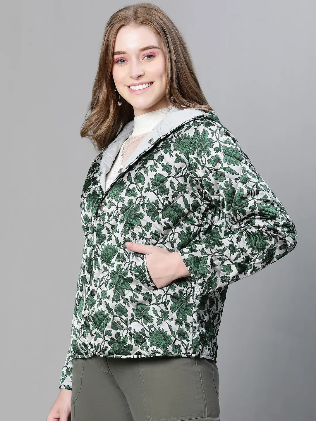 Jamboree Green Floral Print Women Hoodie Jacket For Style