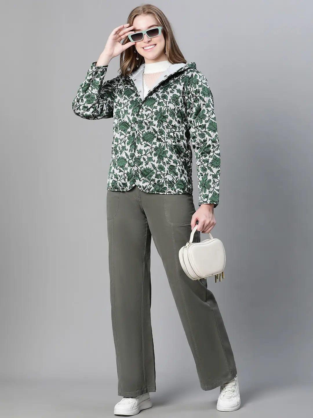 Jamboree Green Floral Print Women Winter Wear Jacket For Style