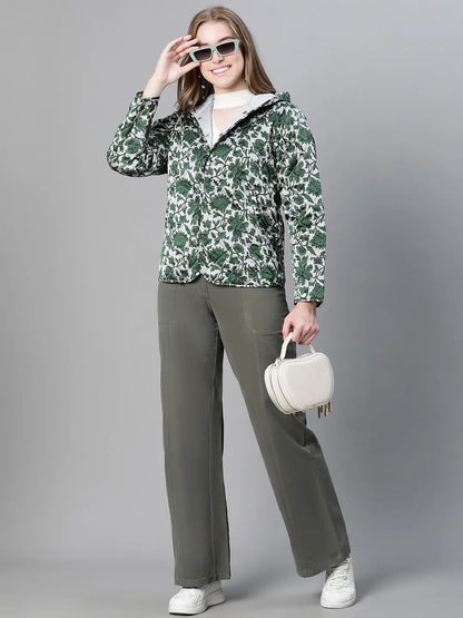 Jamboree Green Floral Print Women Hoodie Jacket For Style