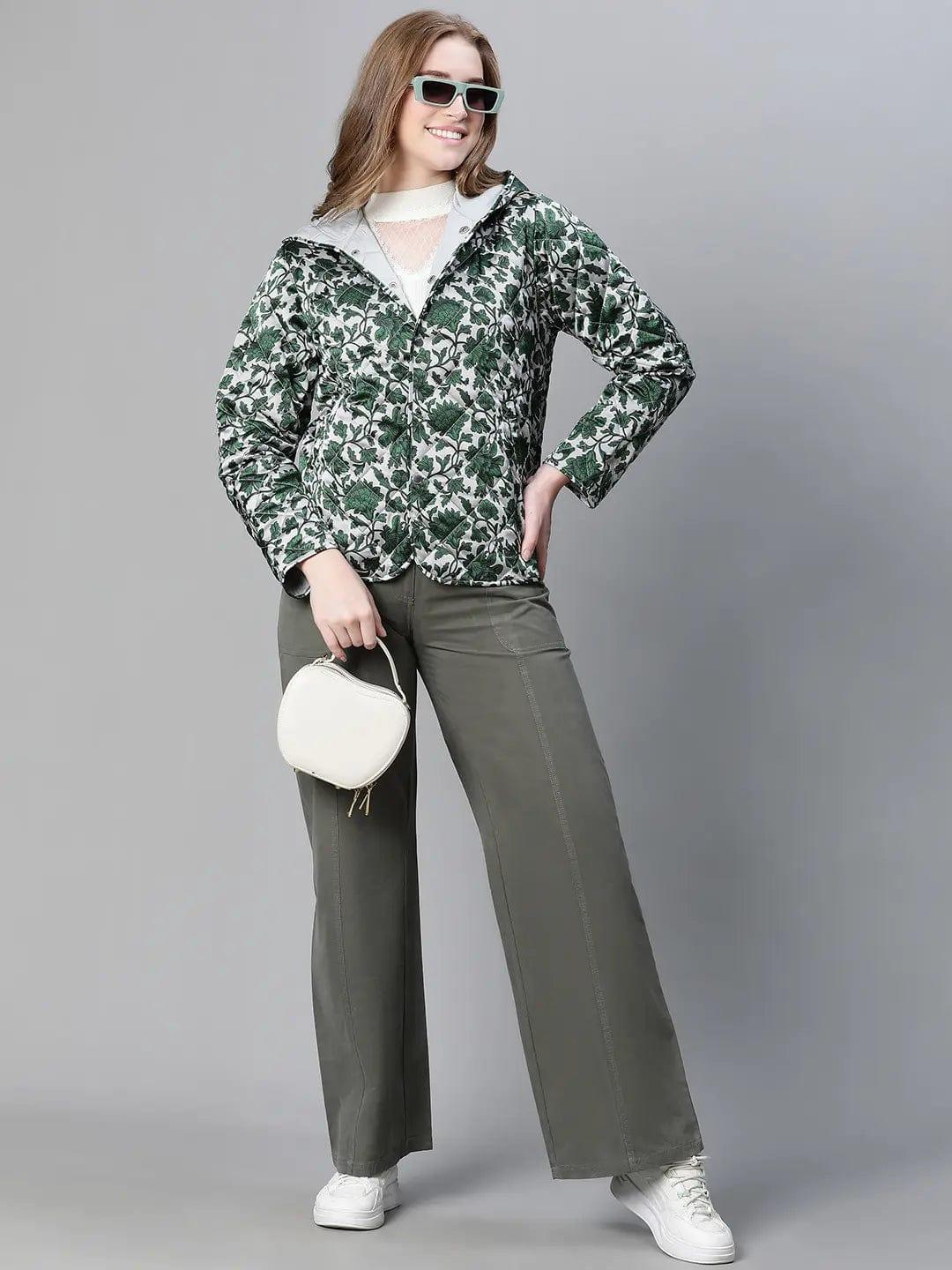 Jamboree Green Floral Print Women Winter Wear Jacket For Style