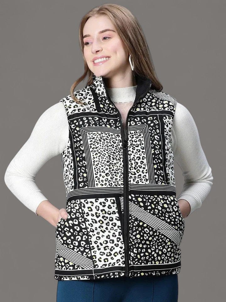 Women Black Animal Print Zip Lined Sleeveless Reversible Jacket