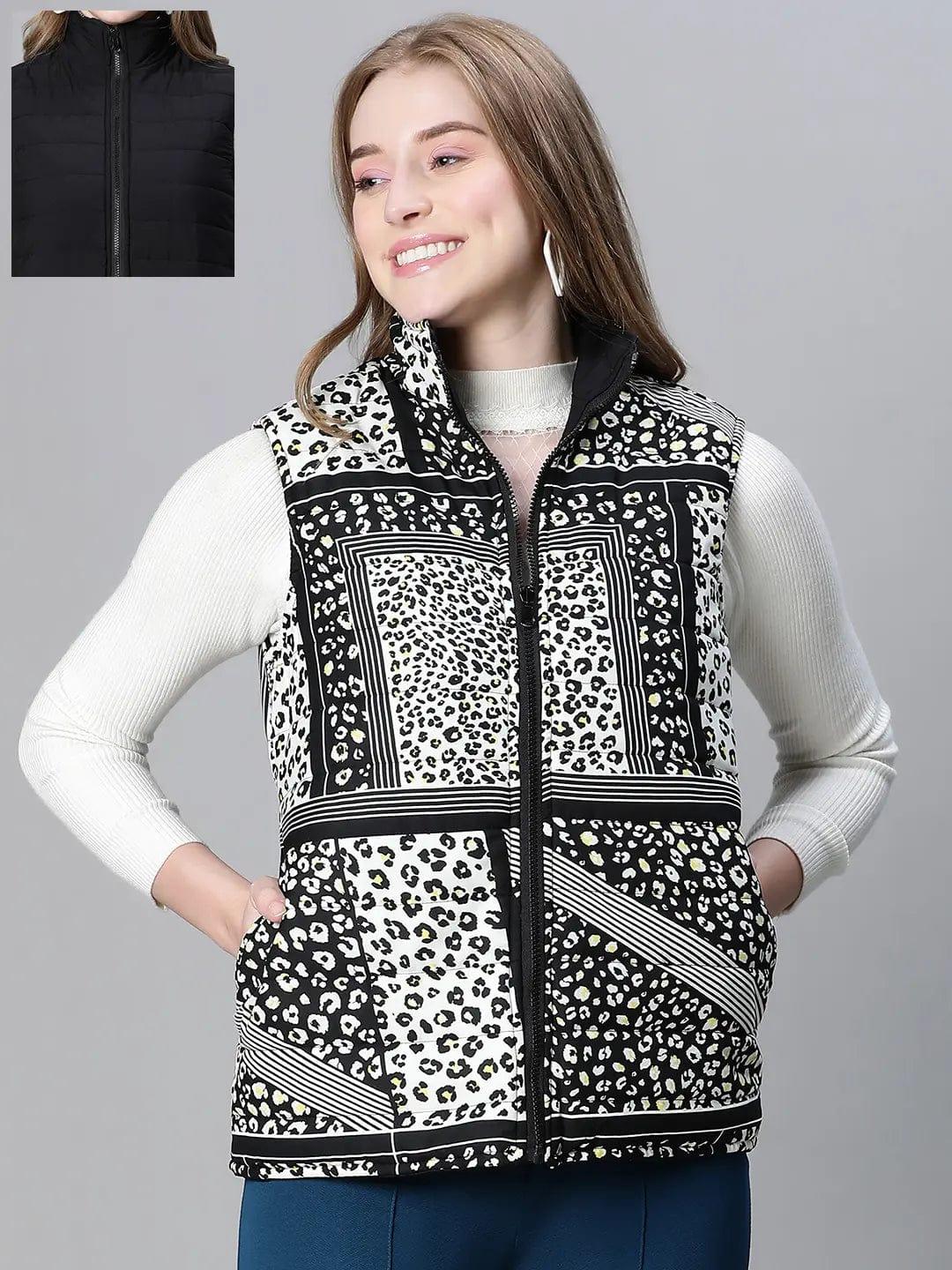 Women Black Animal Print Zip Lined Sleeveless Reversible Jacket