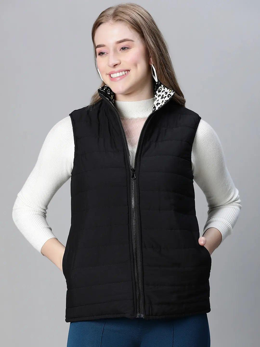 Women Black Animal Print Zip Lined Sleeveless Reversible Jacket