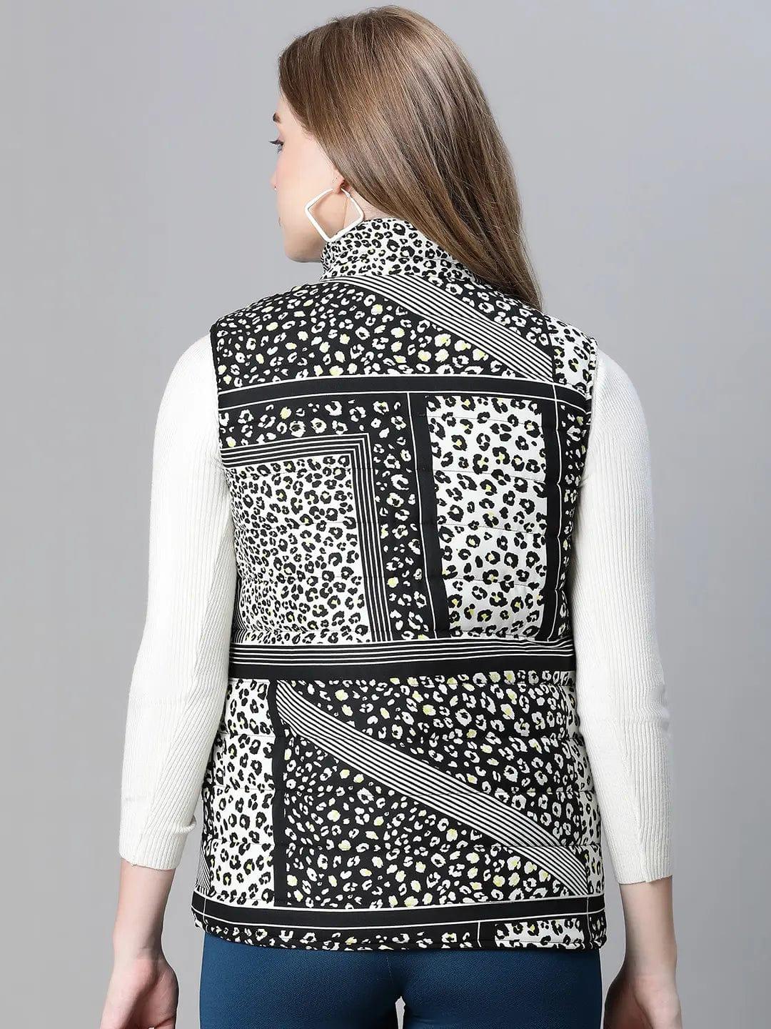 Women Black Animal Print Zip Lined Sleeveless Reversible Jacket