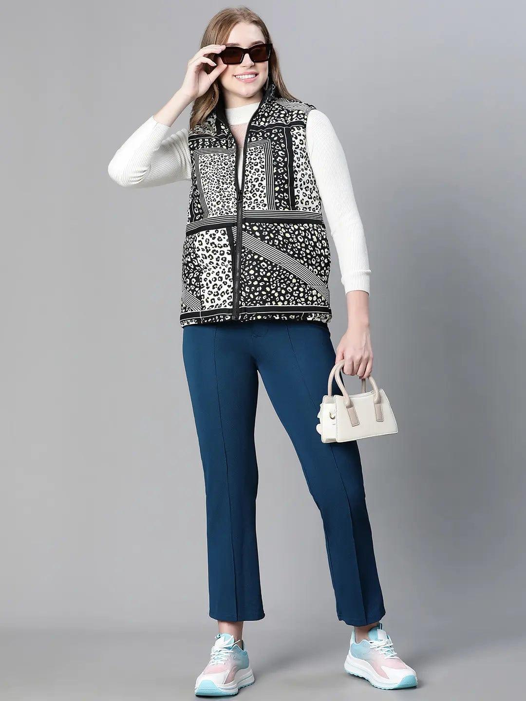 Women Black Animal Print Zip Lined Sleeveless Reversible Jacket