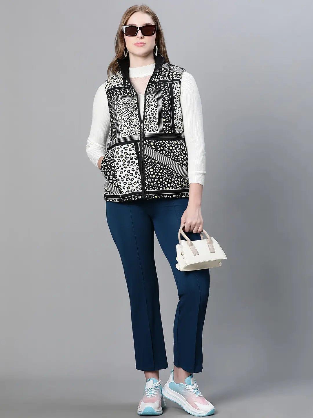 Women Black Animal Print Zip Lined Sleeveless Reversible Jacket