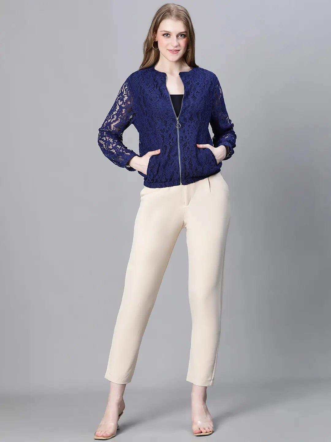 Women Blue Laced Up Round Neck Zipped Long Sleeve Bomber Jacket