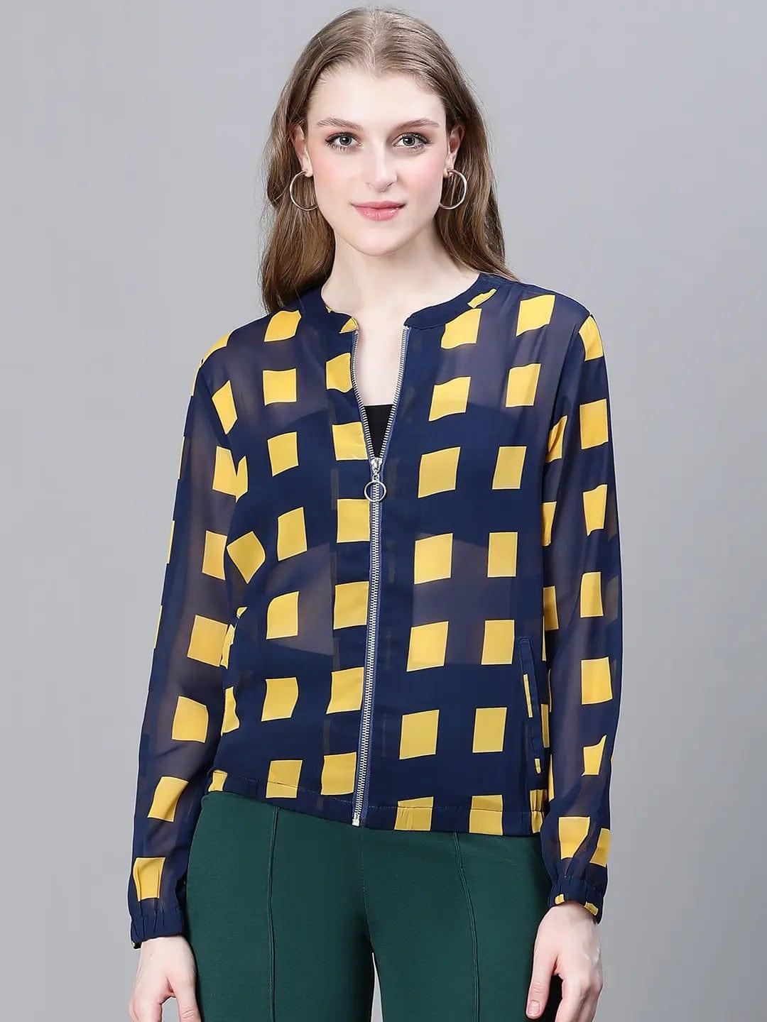 Women Blue Check Print Round Neck Zipped Long Sleeve Bomber Jacket