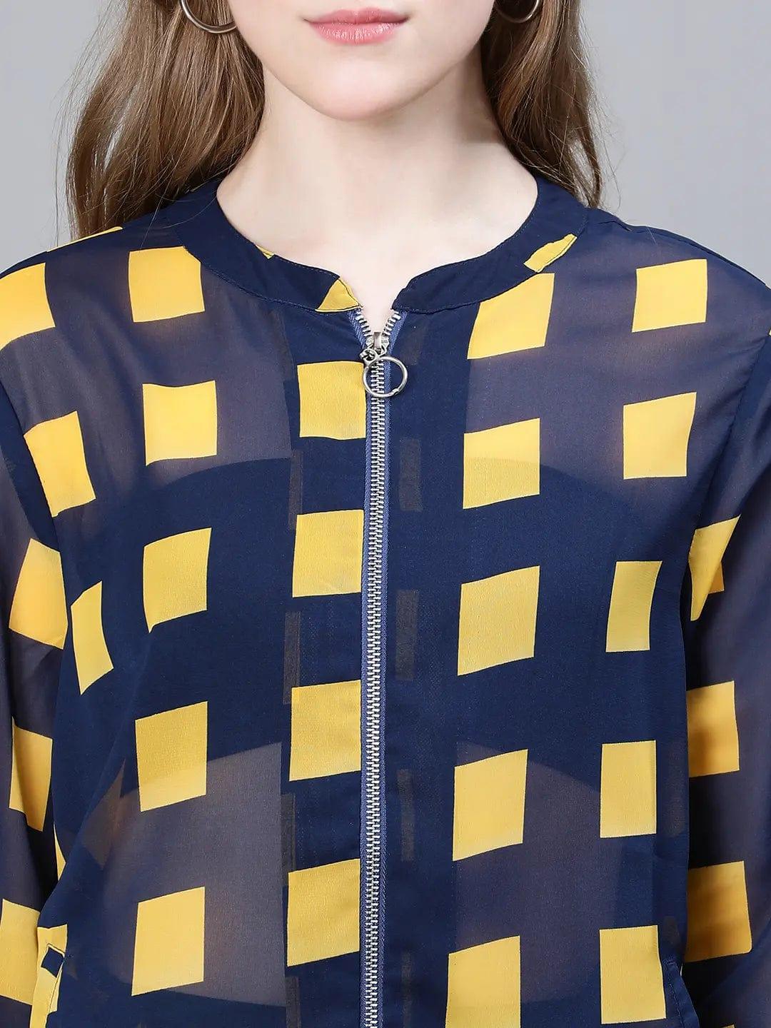 Women Blue Check Print Round Neck Zipped Long Sleeve Bomber Jacket