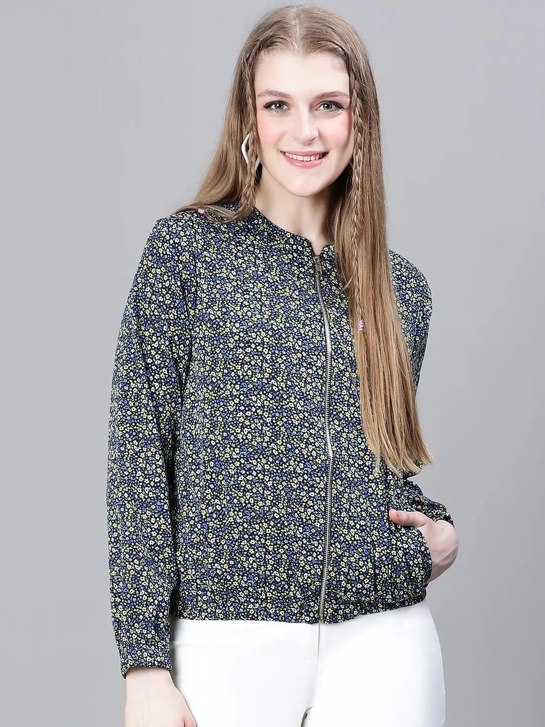 Women Green Foral Print Round Neck Zip Lined Long Sleeve Elasticated Bomber Jacket