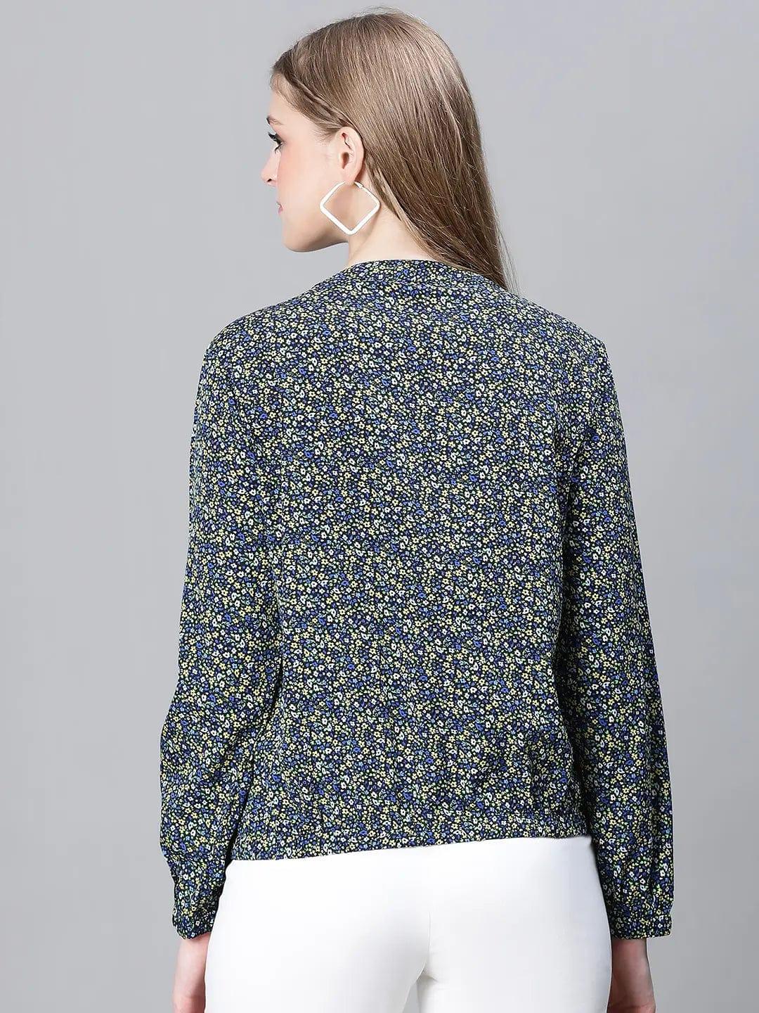 Women Green Foral Print Round Neck Zip Lined Long Sleeve Elasticated Bomber Jacket