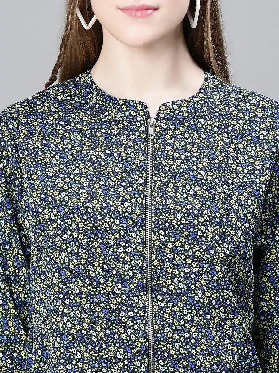 Women Green Foral Print Round Neck Zip Lined Long Sleeve Elasticated Bomber Jacket