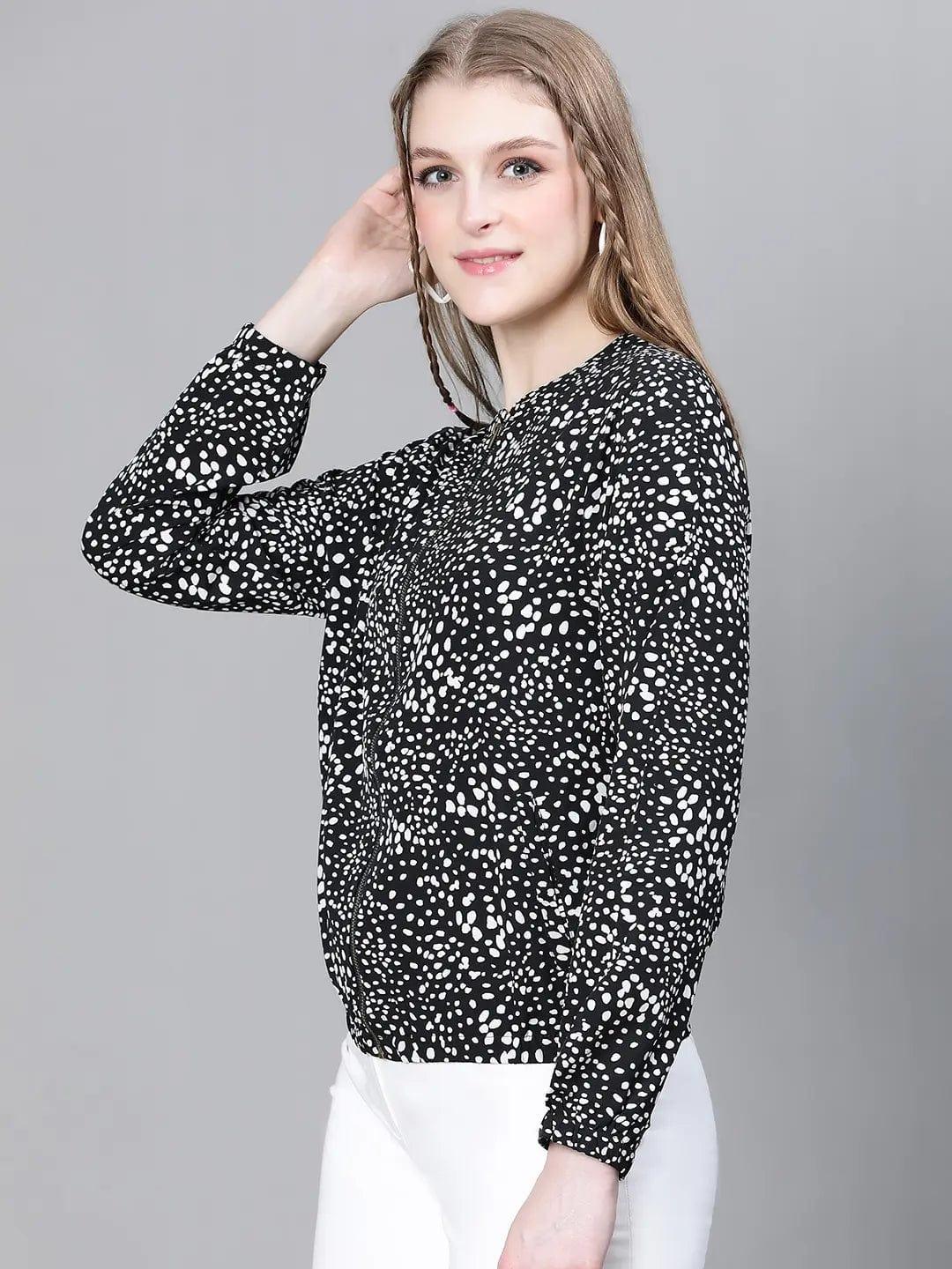 Women Black Foral Print Round Neck Zip Lined Long Sleeve Elasticated Bomber Jacket