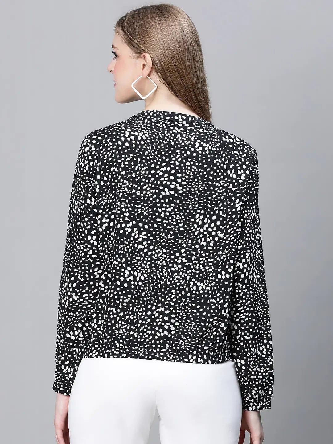 Women Black Foral Print Round Neck Zip Lined Long Sleeve Elasticated Bomber Jacket