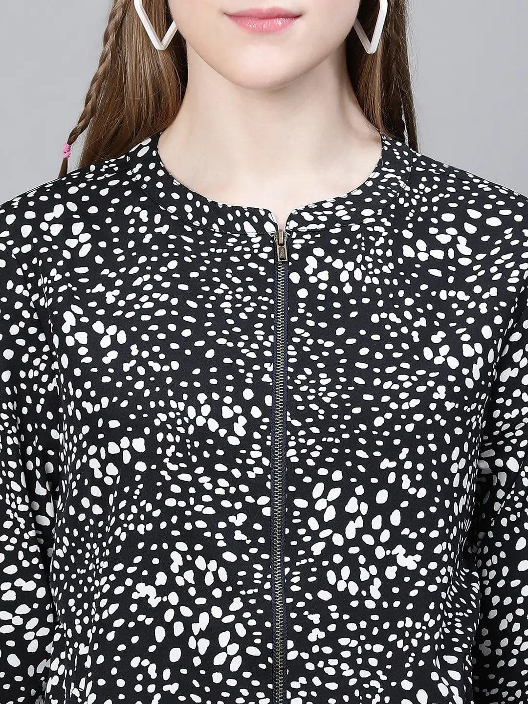 Women Black Foral Print Round Neck Zip Lined Long Sleeve Elasticated Bomber Jacket