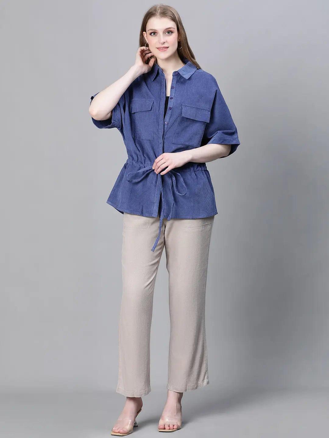 Women Blue Collared Buttoned Tie-Up Detailed Elasticated Short Sleeve Cotton Jacket