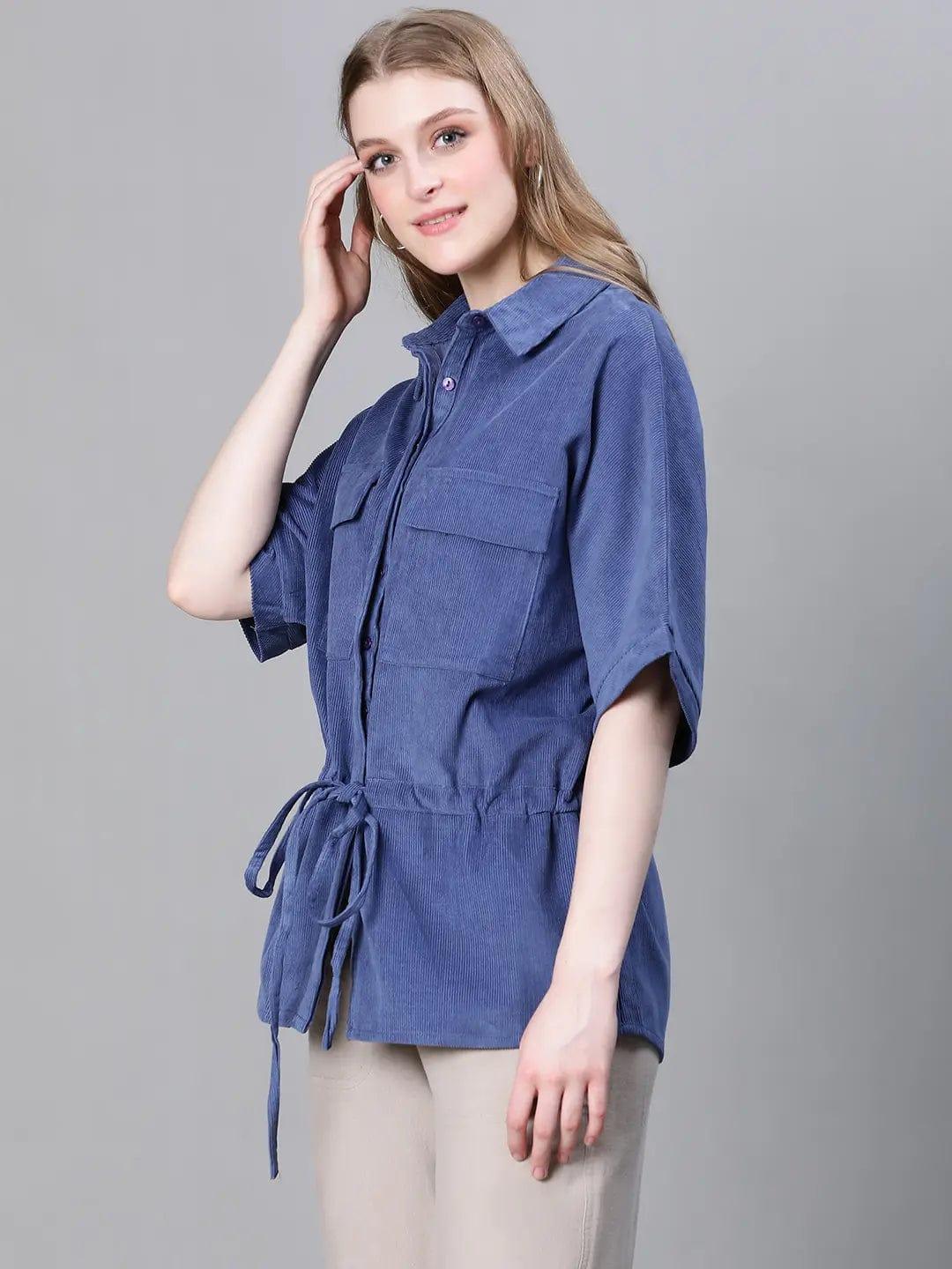 Women Blue Collared Buttoned Tie-Up Detailed Elasticated Short Sleeve Cotton Jacket